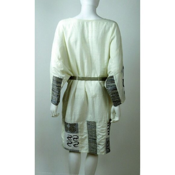 Vintage Boho White Embroidered Raw Silk Kaftan Dress - Picture 6 of 8